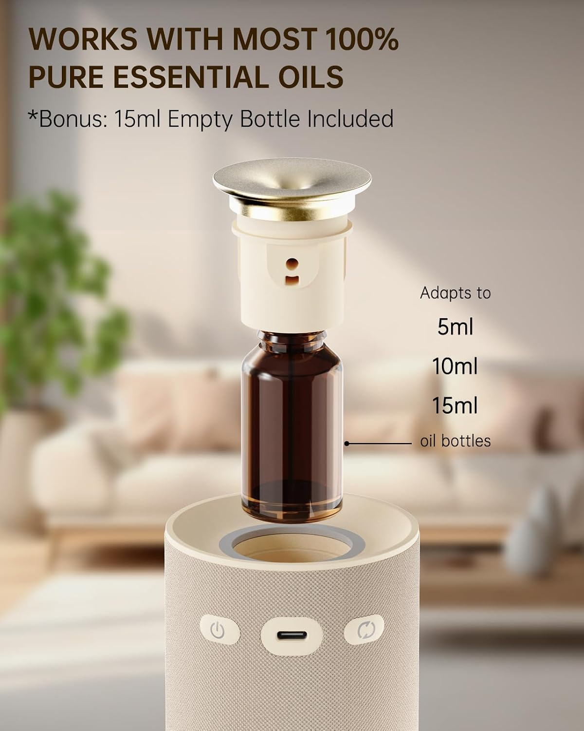 Detalle de Aroma Diffuser Kabellos – Wasserloser Duftzerstäuber mit Stoffbezug, Akku & Warmlicht (Cremeweiß)