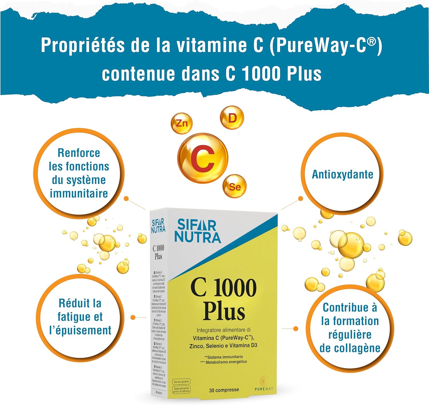 Detalle de Sifar Nutra C 1000 Plus : Vitamine C PureWay-C, D3, Zinc et Sélénium – 30 comprimés