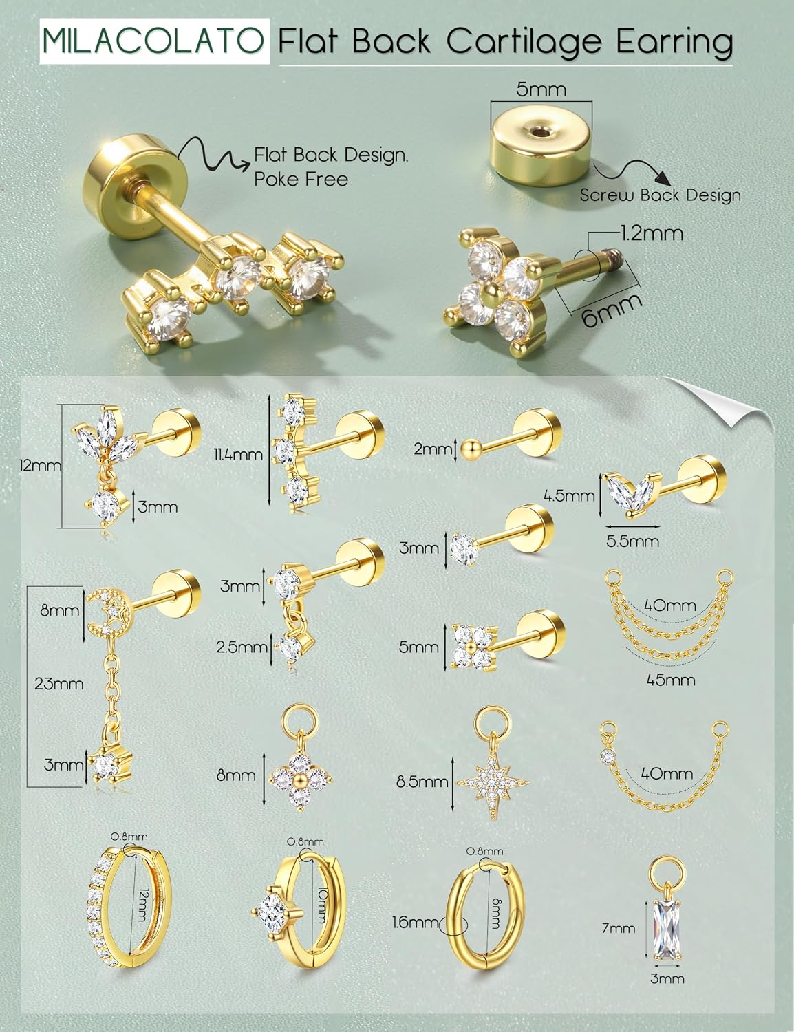 Thumbnail 5 de MILACOLATO Helix Piercing Jewellery – Flat Back Earring Set (316L Surgical Steel)