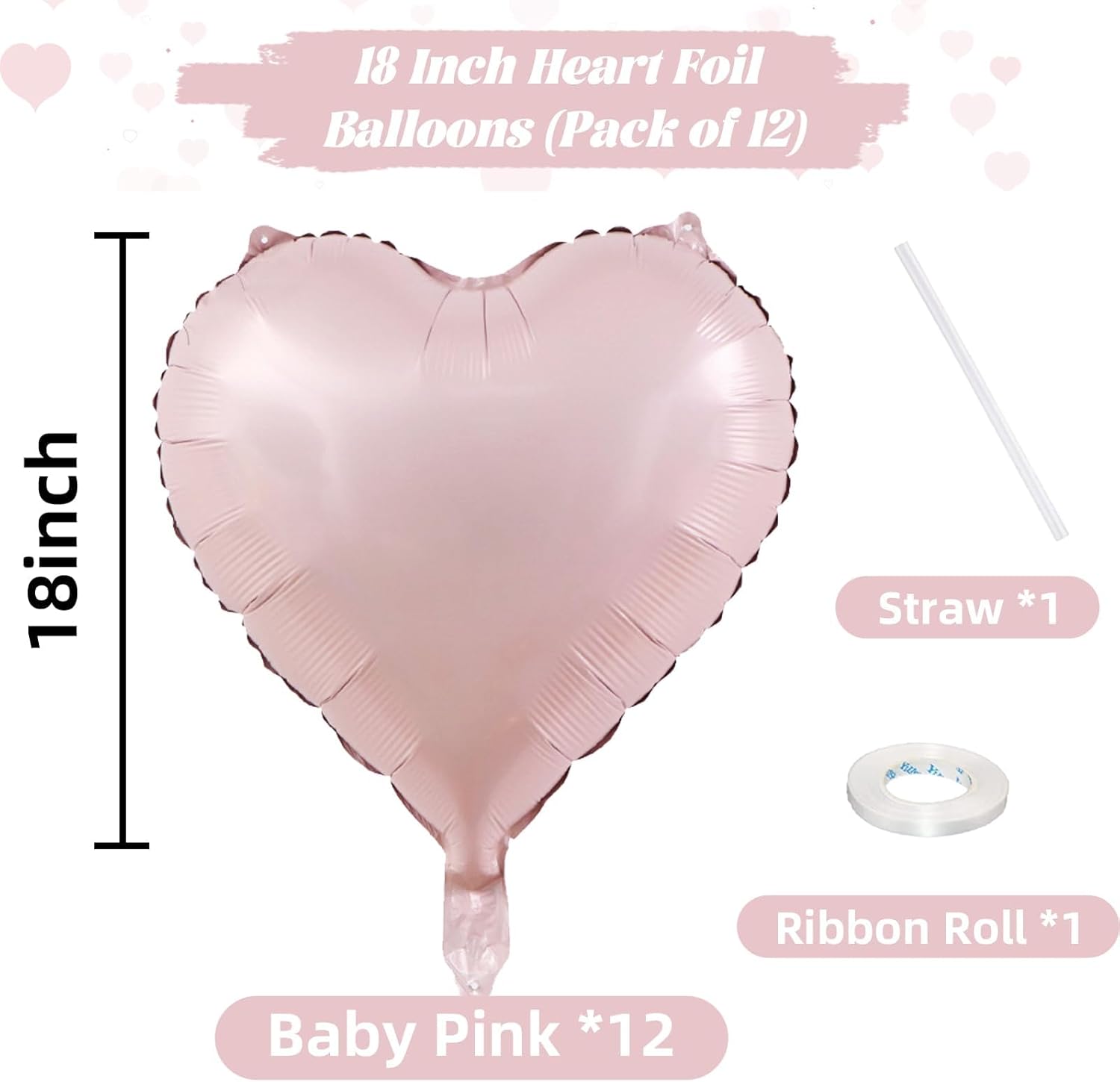 Thumbnail 1 de Baby Pink Heart Balloons, 18 Inch Pink Heart Foil Balloons – 12Pcs