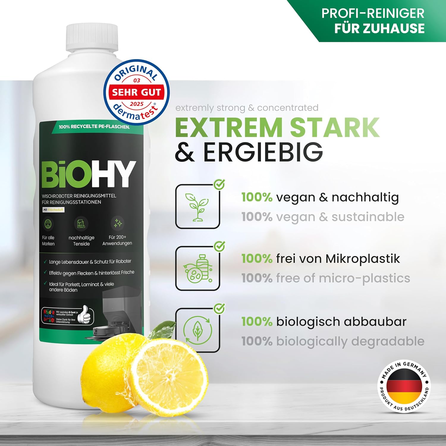 Detalle de BIOHY reiniger voor robotstofzuigers, concentraat met lage schuimvorming, 3 x 1 liter