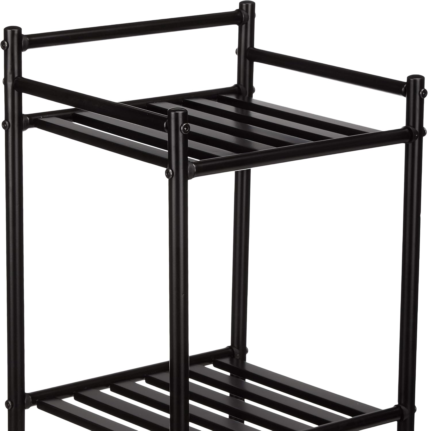 Detalle 2 de Amazon Basics Regal mit 5 Fächern, mit Korb, Schwarz – Edelstahlregal für das Badezimmer