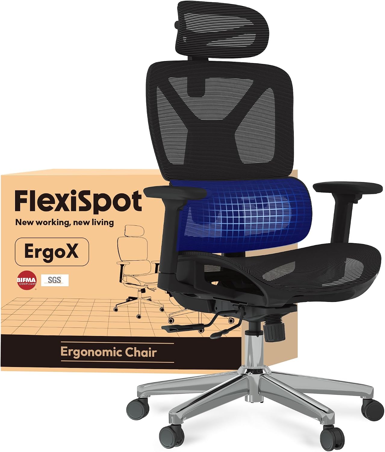 Detalle de FlexiSpot ErgoX ergonomische bureaustoel met 3D-armleuningen en 5D-rugleuning