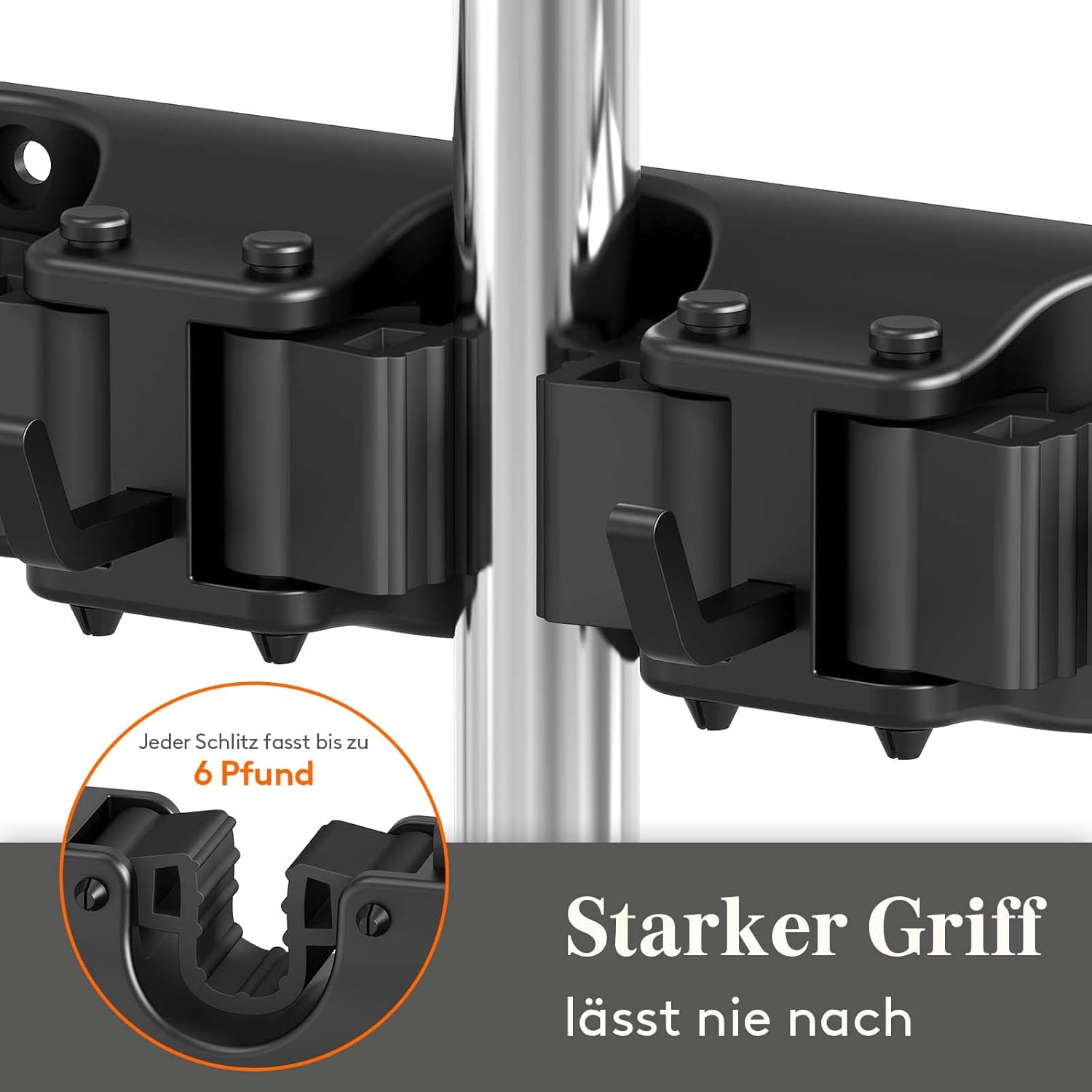 Detalle 2 de Lifewit Besenhalterung Wand (2er-Set) mit Anti-Rutsch-Griff, 10 Schlitze & 6 Haken pro Halter, schwarz