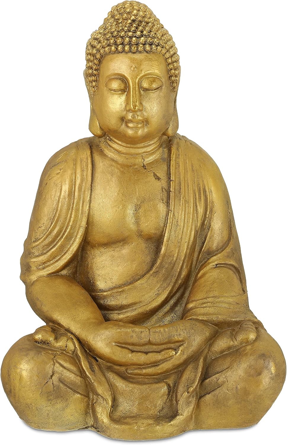 Detalle de Relaxdays Statue de Bouddha pour jardin dorée – Résistante aux intempéries, assise, dimensions 70 x 45 x 35 cm