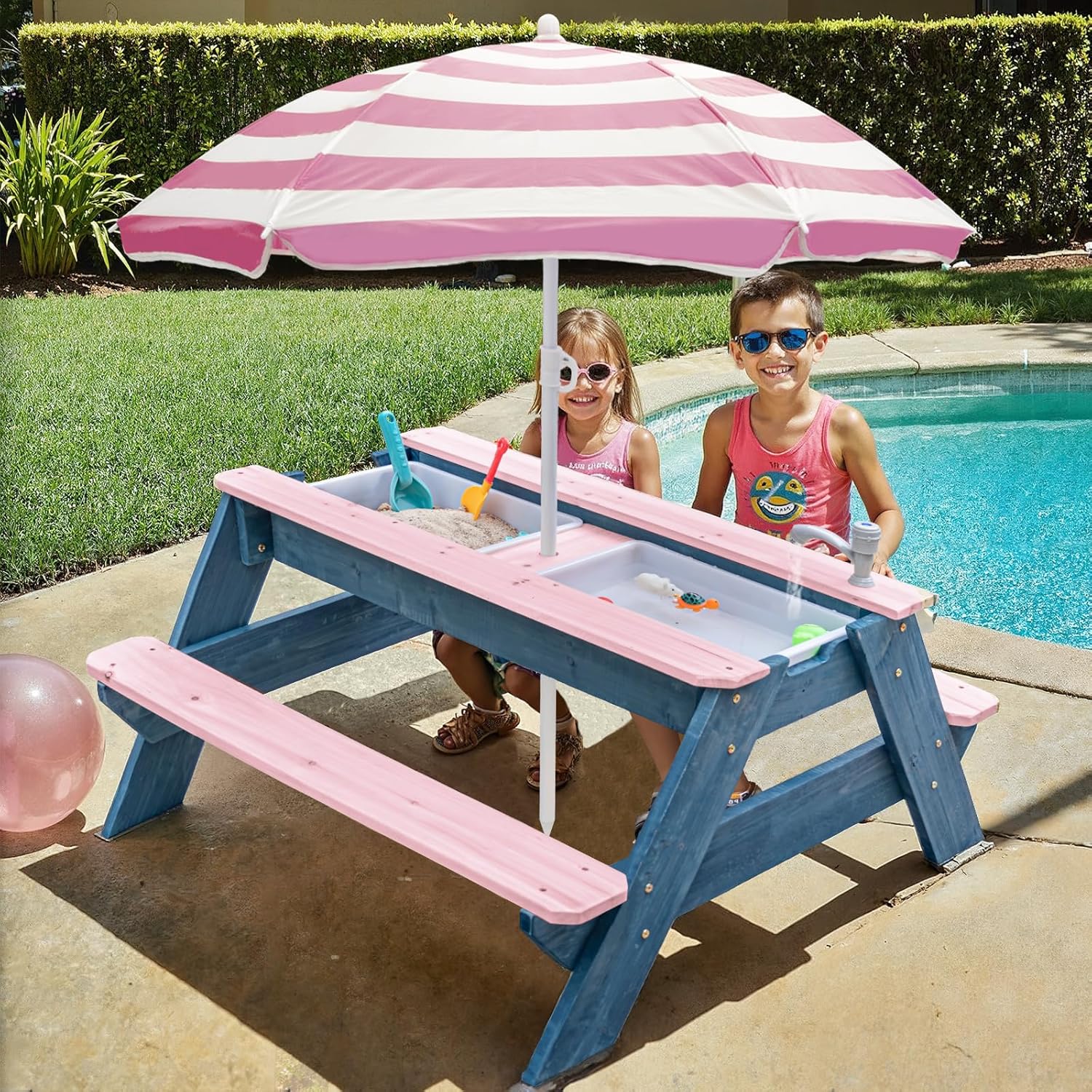 Detalle 2 de K LUCKIDS 3-in-1 Sand & Water Table: Wood Outdoor Picnic Table for Up to 4 Kids