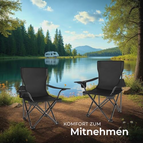 Detalle de tectake 4er Set Camping Stühle – Klappstuhl mit Armlehne, Getränkehalter und Tragetasche, schwarz