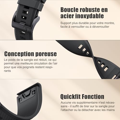 Detalle 2 de NotoCity Bracelet 22mm noir pour Garmin Fenix 5/6/7 et autres montres Garmin – Silicone confortable et facile à installer