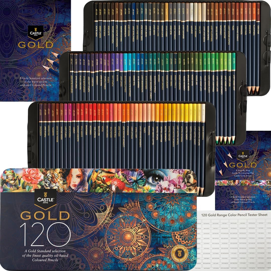 Detalle de Castle Art Supplies Set da 120 Matite Colorate di Qualità Oro in Astuccio di Metallo