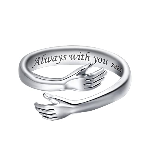 Detalle 2 de Wonvin Collection 925 Sterling Silver Hug Ring – I Love You Forever, Engraved Hugging Hands Open Ring