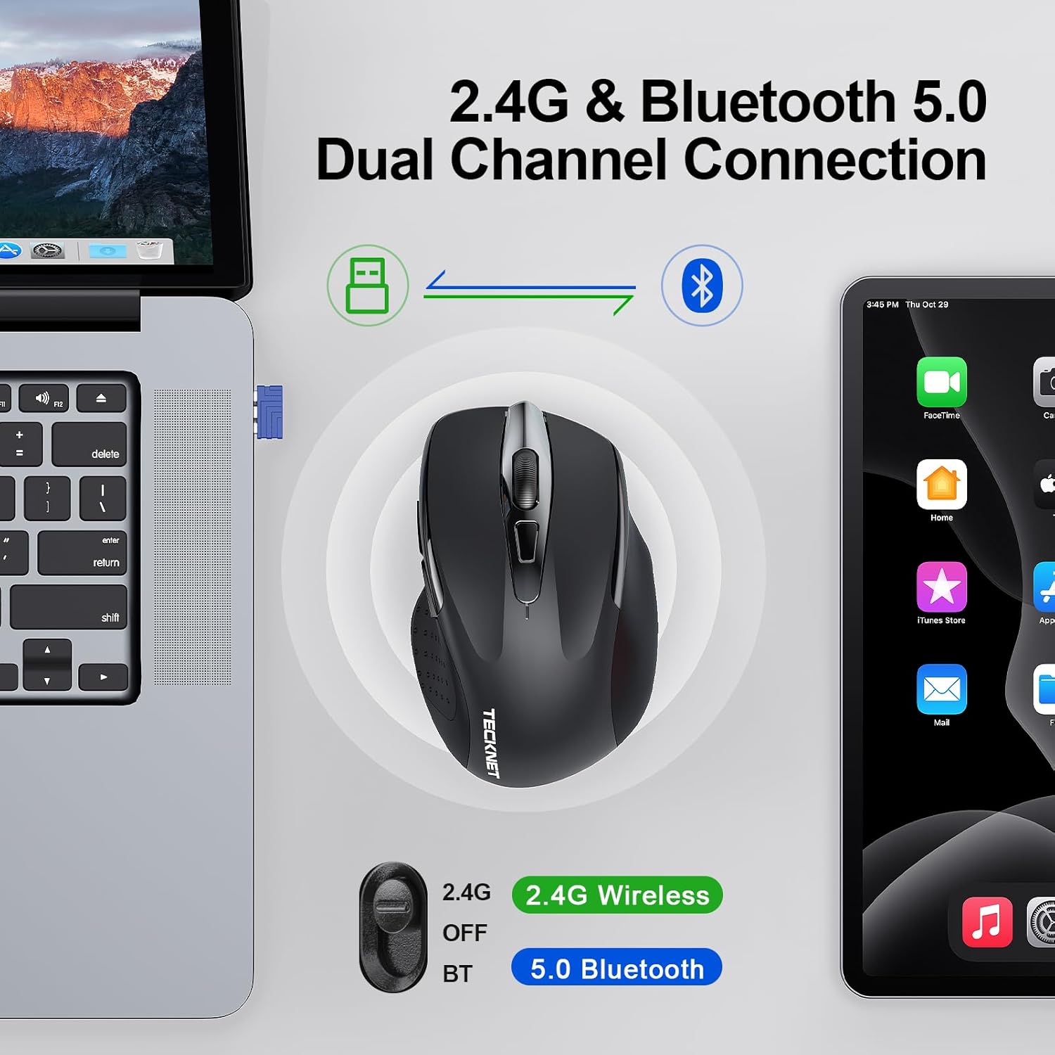 Thumbnail 2 de TECKNET Tri-Mode Bluetooth Rechargeable Wireless Mouse (BT 5.0/3.0 + 2.4G, 4800DPI, 6 buttons) – Black