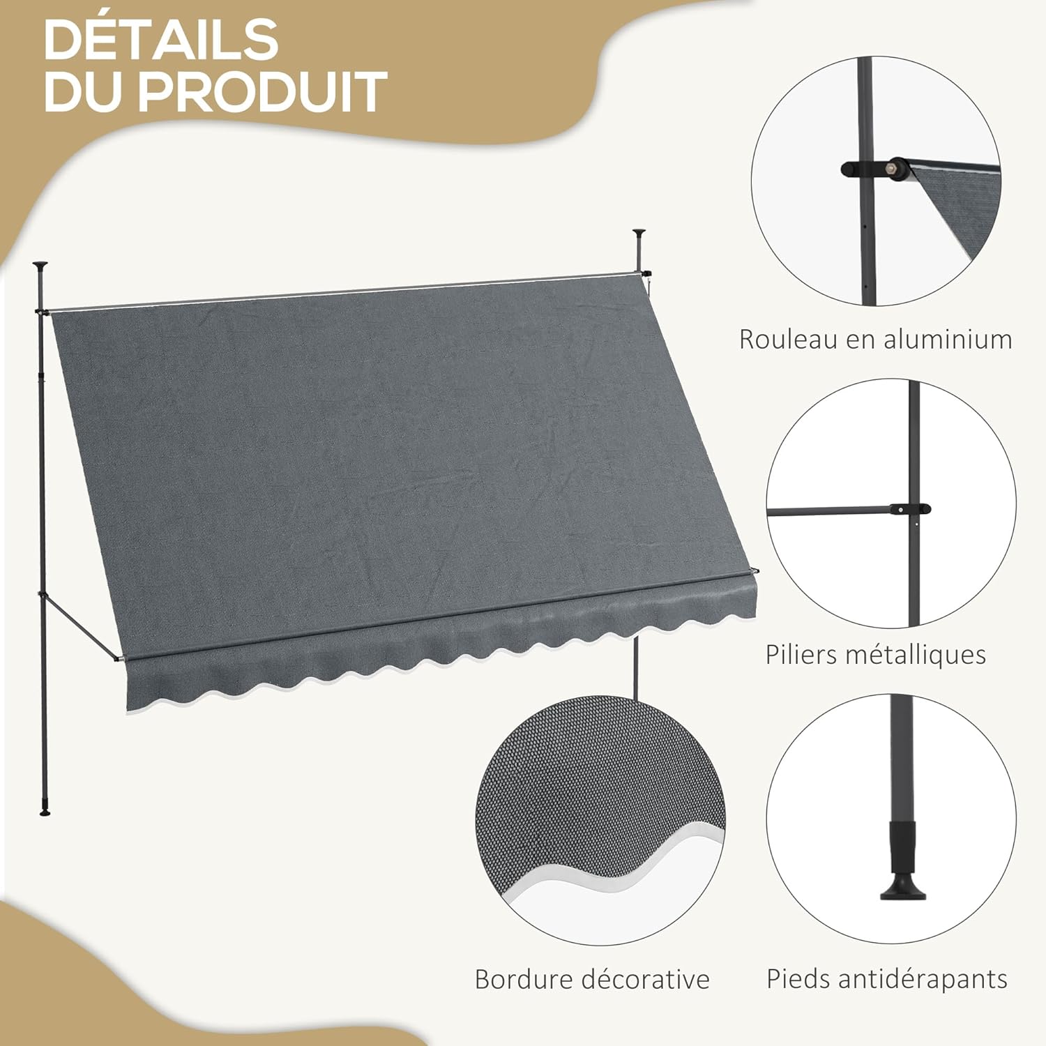 Thumbnail 5 de Outsunny Store Banne autoportante manuelle avec auvent rétractable – 3,5 m x 1,2 m, hauteur 2,1–3 m, inclinable