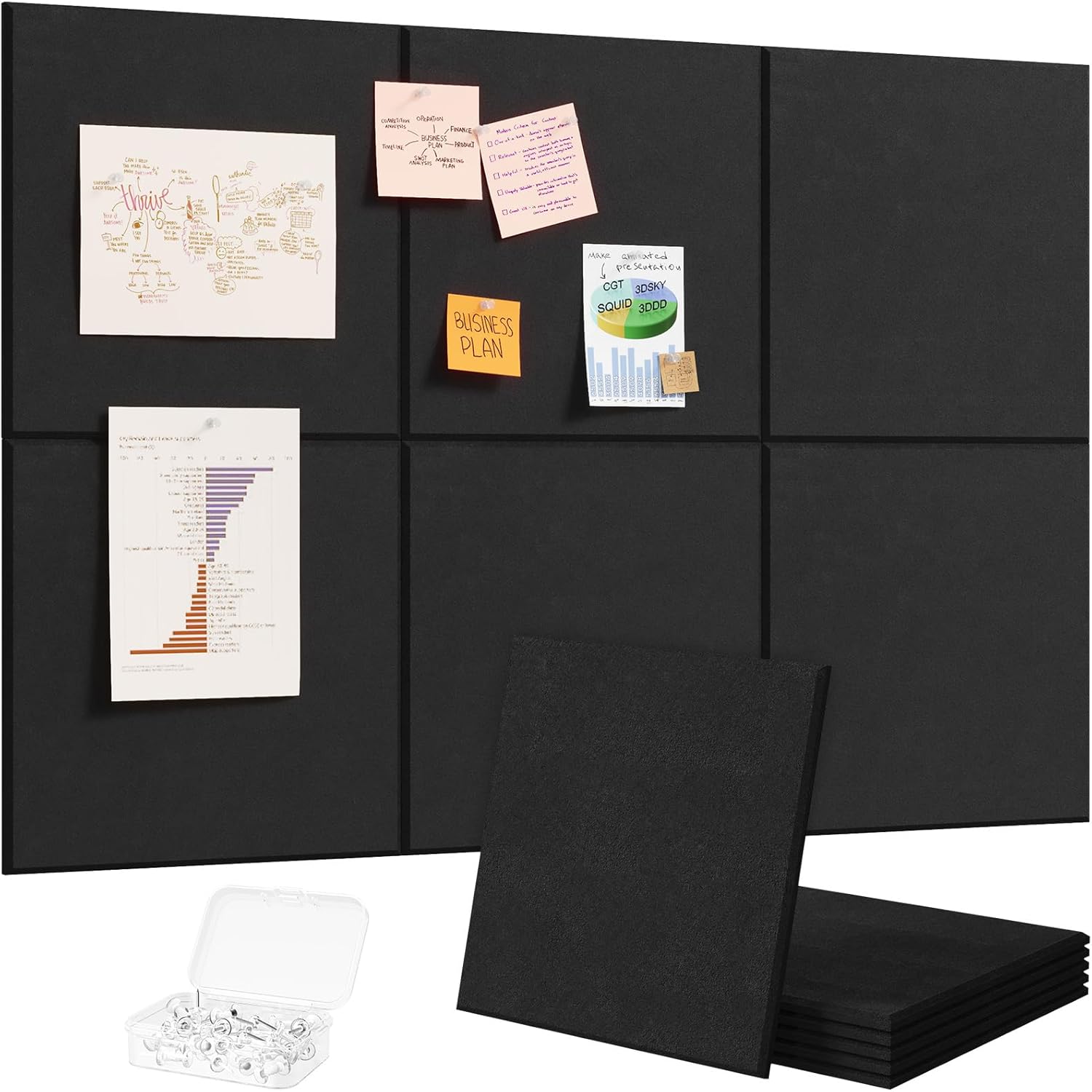 Detalle de Lifewit Bacheca in feltro adesiva, set da 6 pannelli 30x30 cm con puntine incluse (Nero intenso)