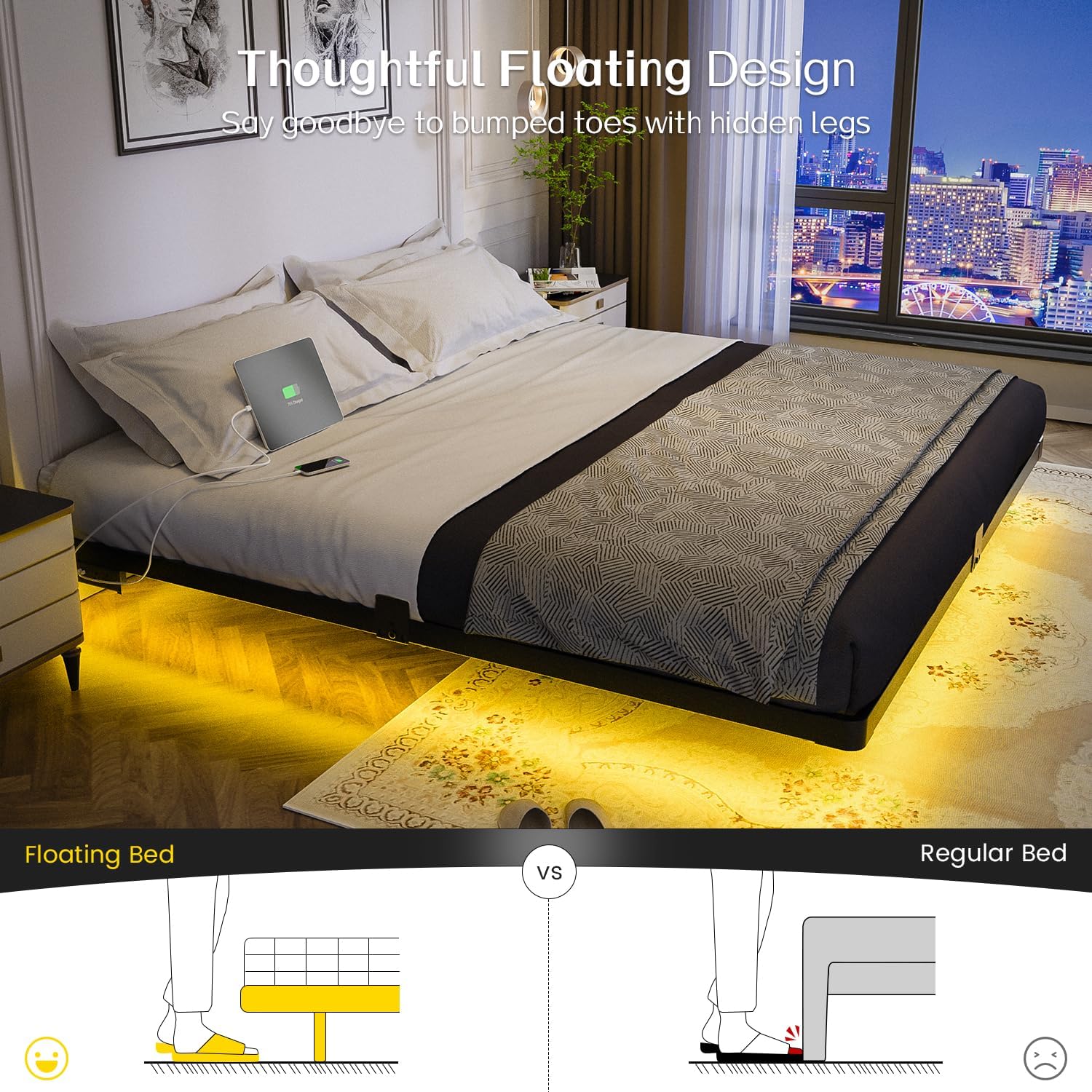 Detalle de OLEVS King Size Floating Metal Bed Frame with LED Lighting and Charging Station