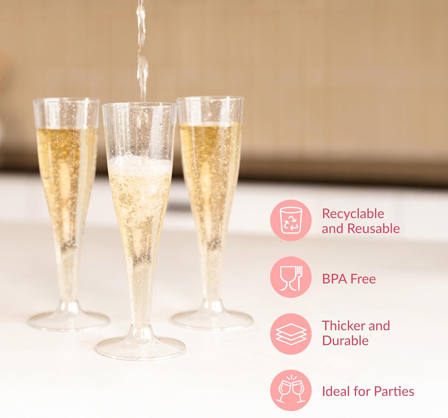 Detalle 1 de Prestee 8541917992 Disposable Champagne Flutes, 4.5 oz, Silver Glitter, 100 Count