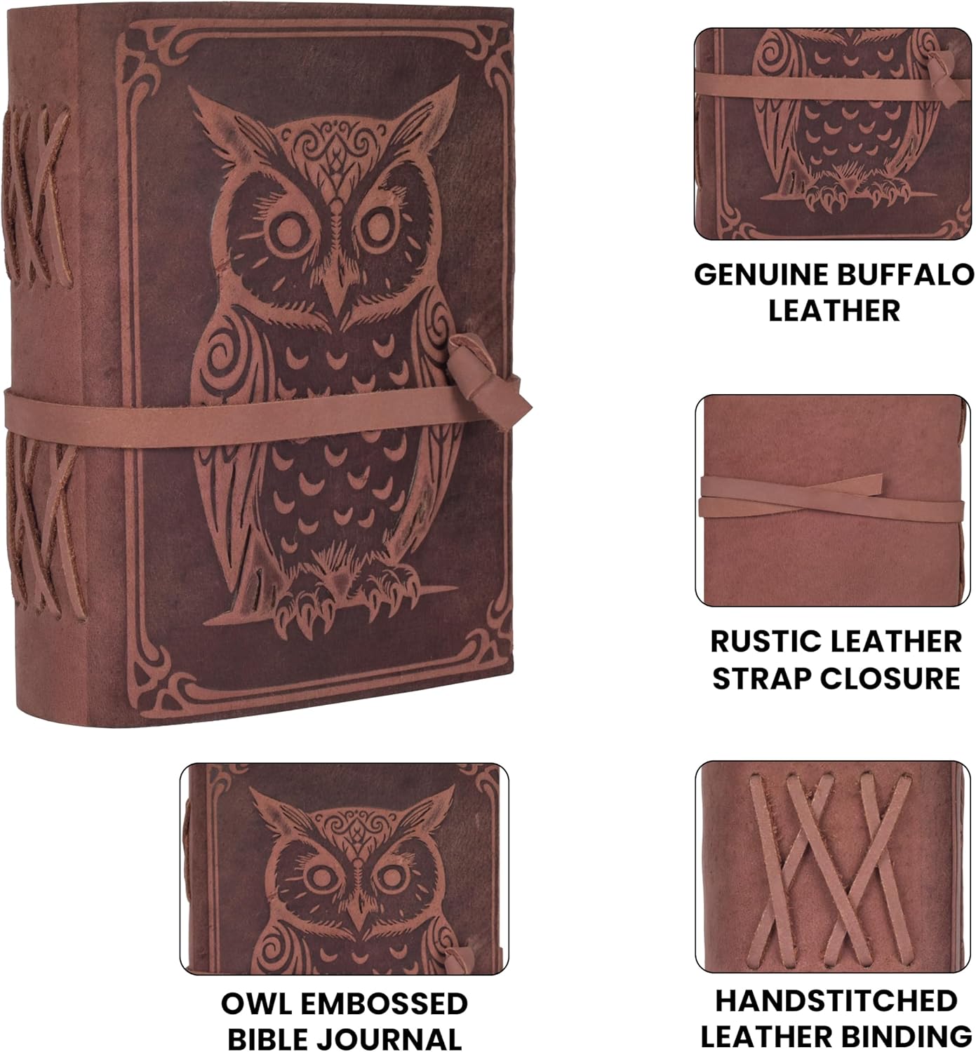 Detalle de LEATHER VILLAGE Spell Book Journal, Owl-Embossed Leather Notebook, Fuchsia 7x5