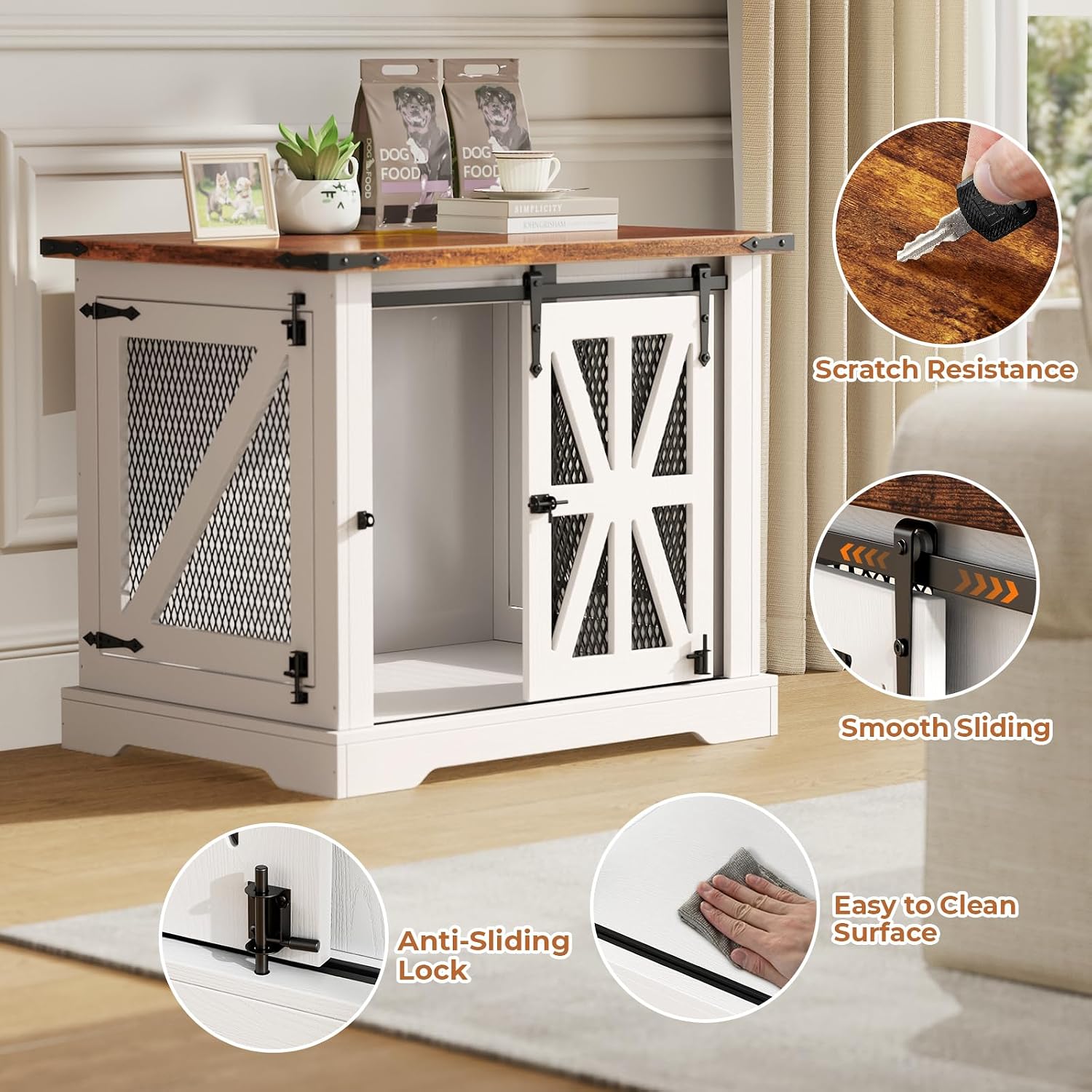 Detalle de Dog Cage Furniture: 70cm Three-Door Wooden Dog Cage with Sliding Doors (White) for Small Dogs