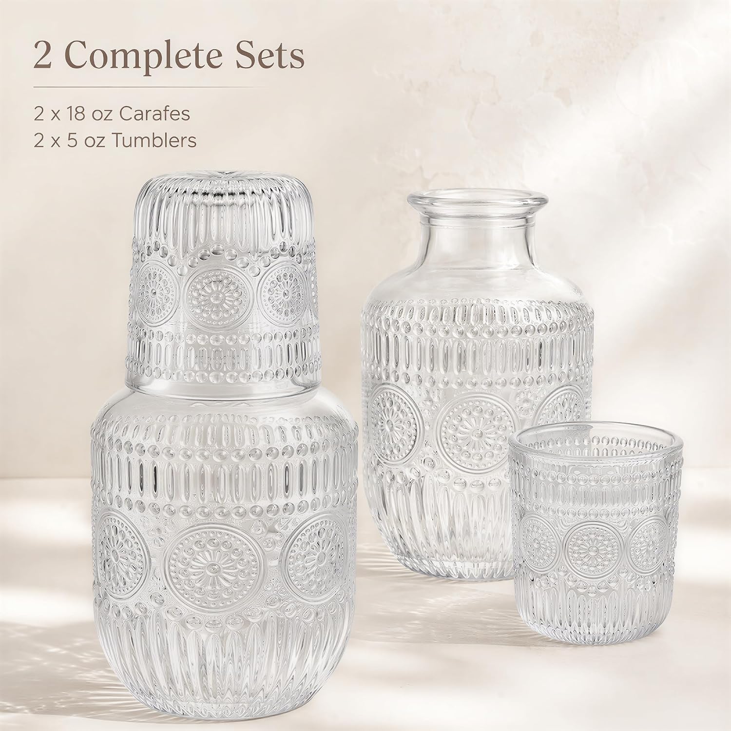 Detalle de Kingrol Vintage Bedside Glass Carafe Set, 18 oz with 5 oz Covering Tumblers