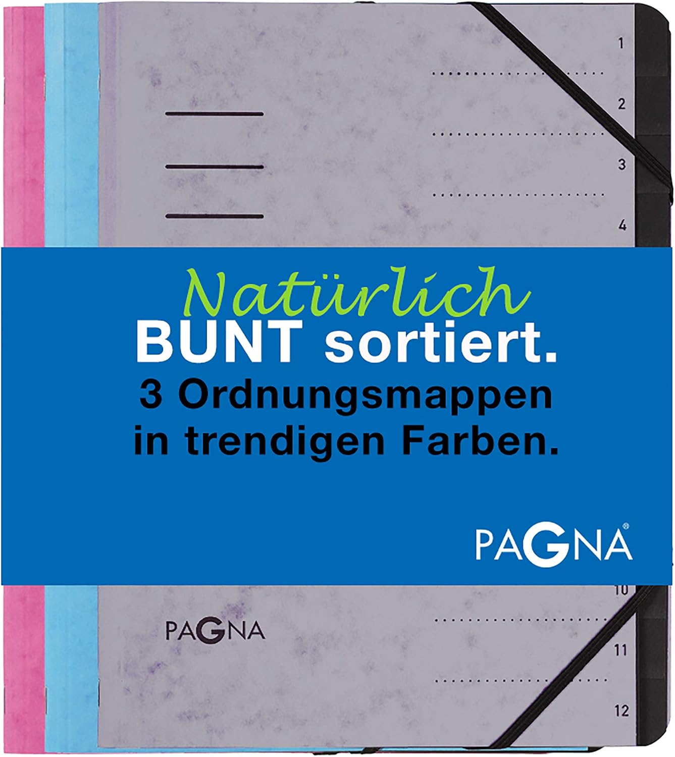 Pagna Lot de 3 classeurs de rangement assortis – bleu clair, gris clair et rose foncé (A4)