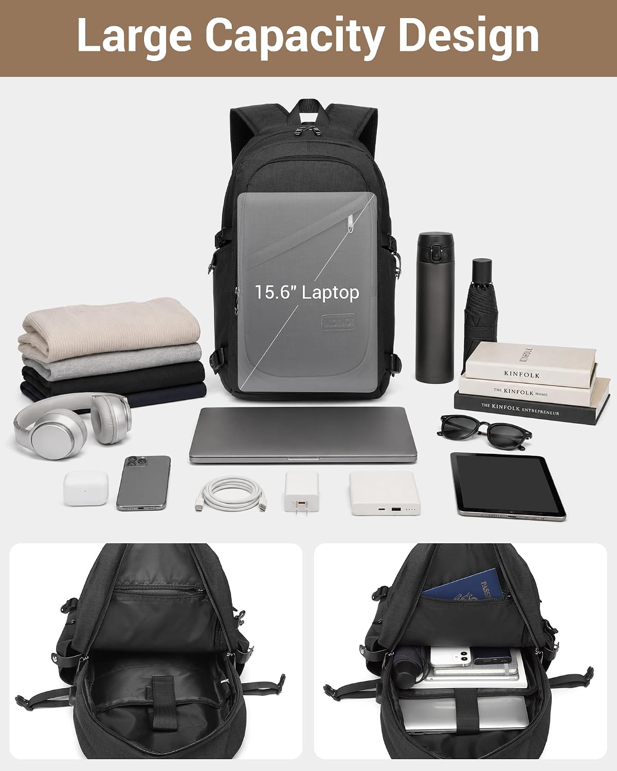 Detalle de Kono Laptop Backpack: 15.6 Inch Bag with USB Port and Anti-Theft Security