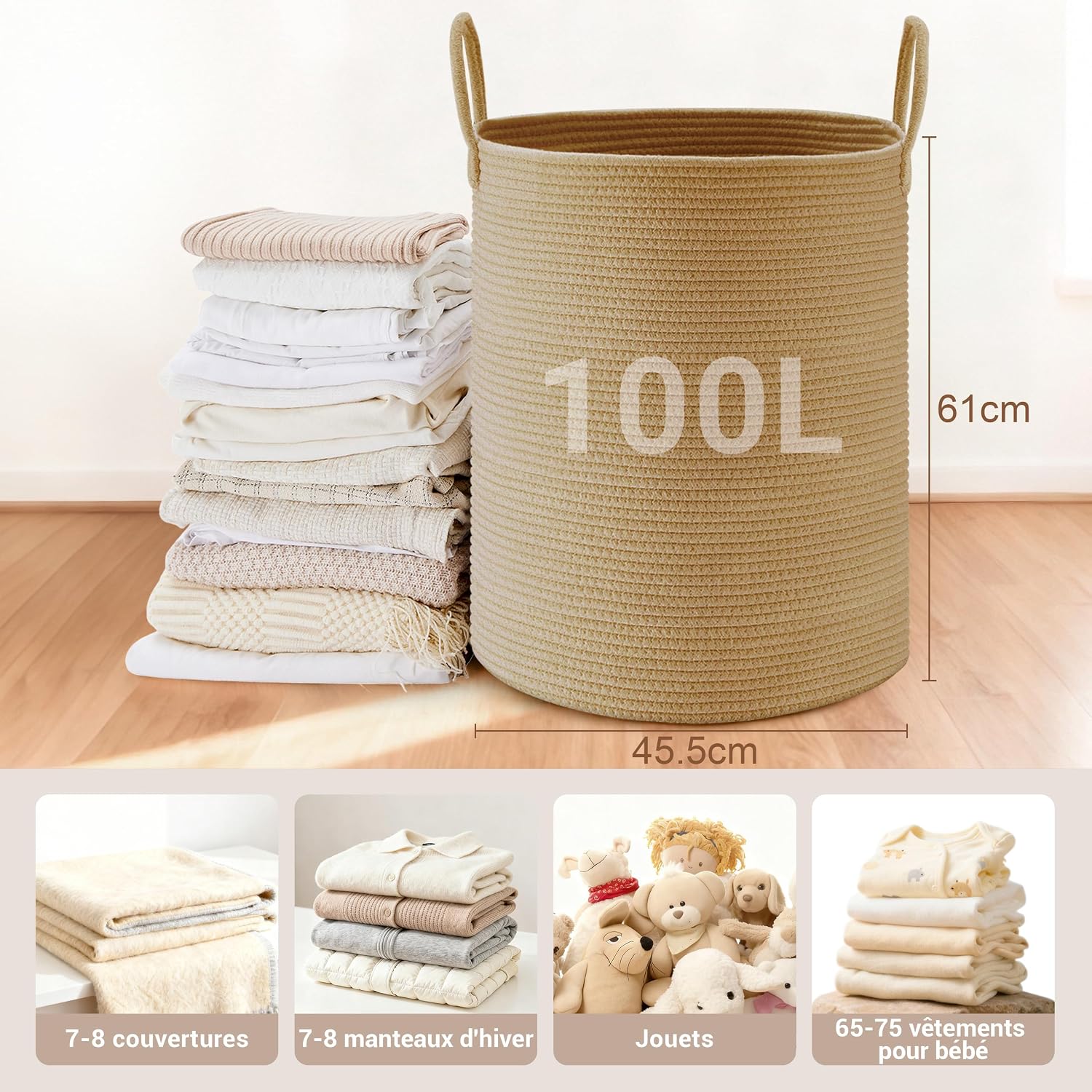 Detalle de MYHOMMATTO MYLD01-1 wasmand van gevlochten katoen, 100 l, opvouwbaar