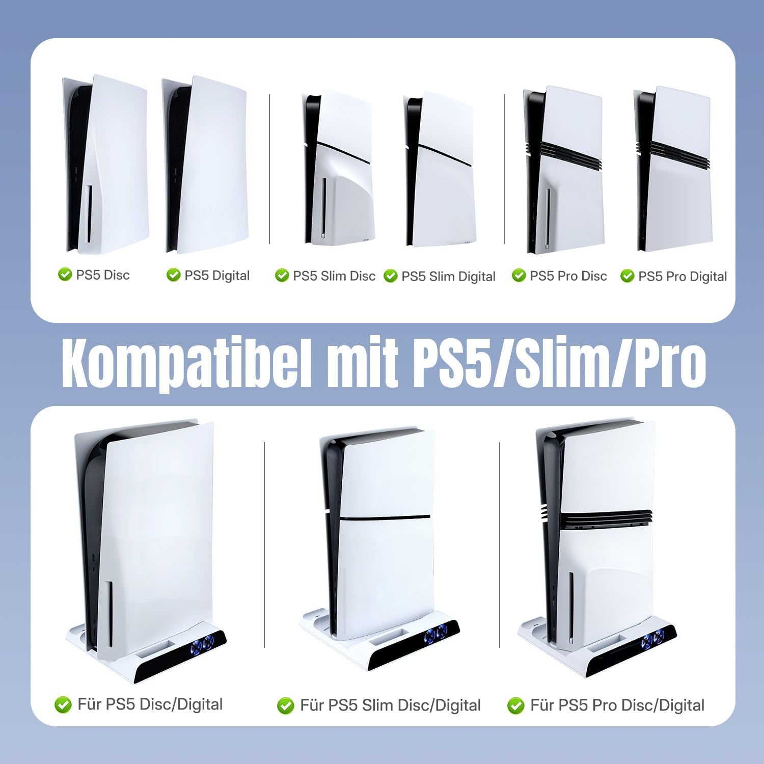 Detalle 2 de Wigearss PS5/PS5 Slim/PS5 Pro Kühlstandfuß mit Dual Controller Ladegerät – Lade- und Kühlstation