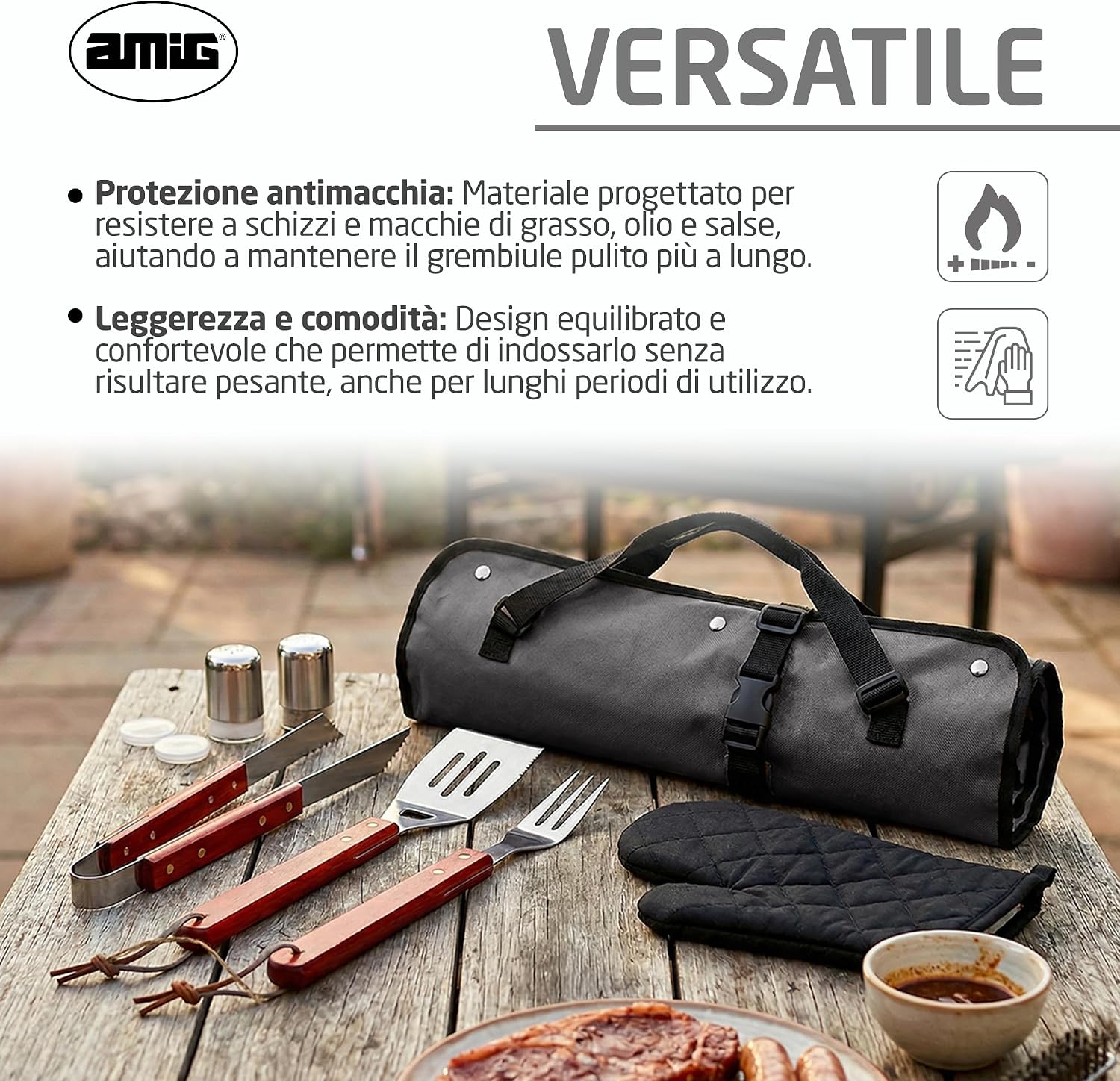 Detalle 2 de Amig AM17: Grembiule barbecue con 7 accessori in acciaio inox, kit BBQ pratico e curato
