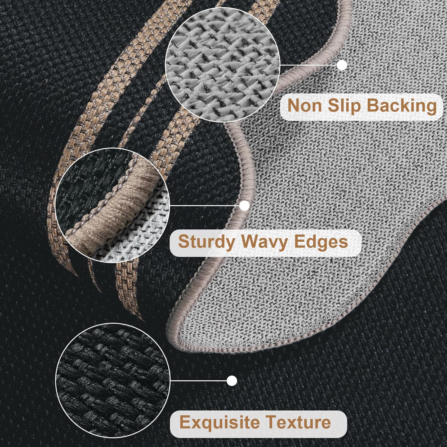 Thumbnail 3 de LORWER Scalloped Easy Jute 3x5 Outdoor Rug (Black Charcoal) — Washable Non-Slip Entryway Door Mat