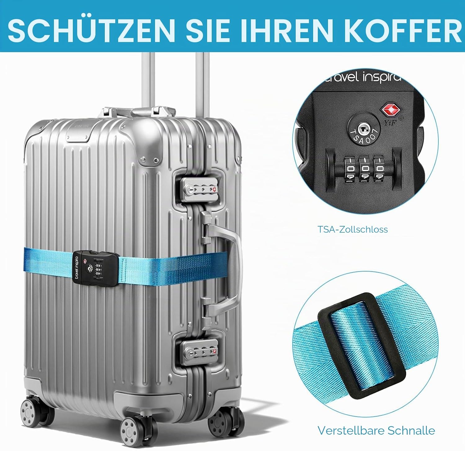 Thumbnail 1 de travel inspira TSA Koffergurt mit Namensschild, Kreuzbefestigung, 20–34 Zoll, Leuchtblau