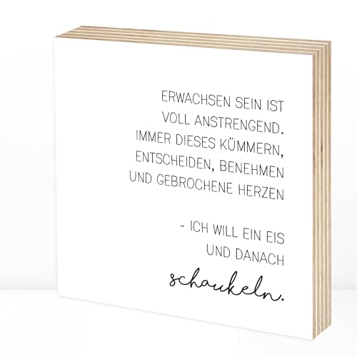 Detalle de Wunderpixel Holzbild Erwachsen sein ist voll anstrengend – 15x15x2 cm, echtes Birkenholz, schwarz-weiß