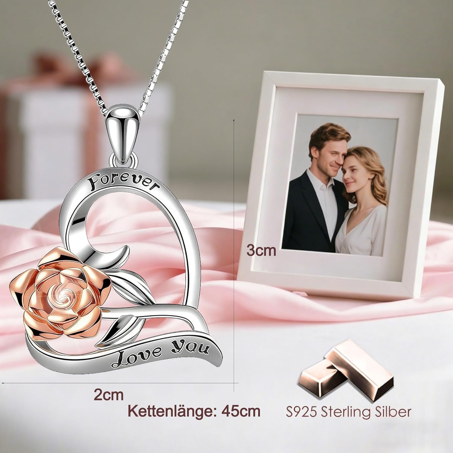 Thumbnail 3 de SWEETIME 925 Sterling Silber Halskette Damen mit Rosenherz-Anhänger – Forever & Love You Gravur, 45 cm