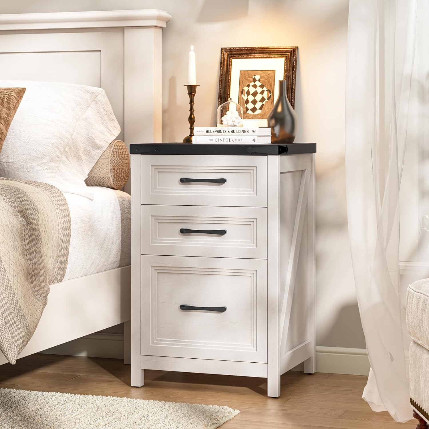 Detalle de Vabches DA0882HB01A 3-Drawer File Cabinet, White and Black Farmhouse Style
