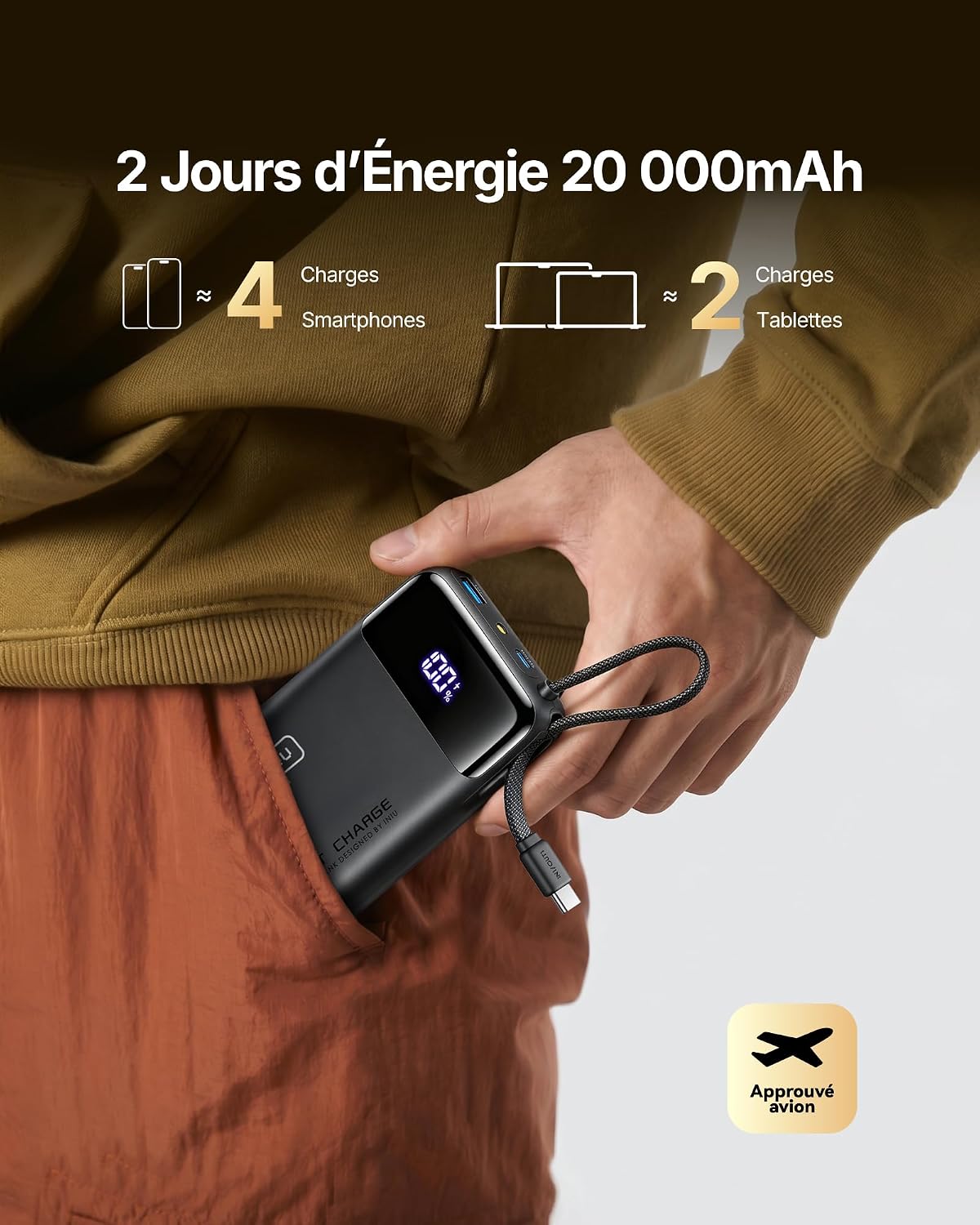 Detalle 2 de INIU Petit Batterie Externe 45W (20.000 mAh) avec câble USB‑C intégré