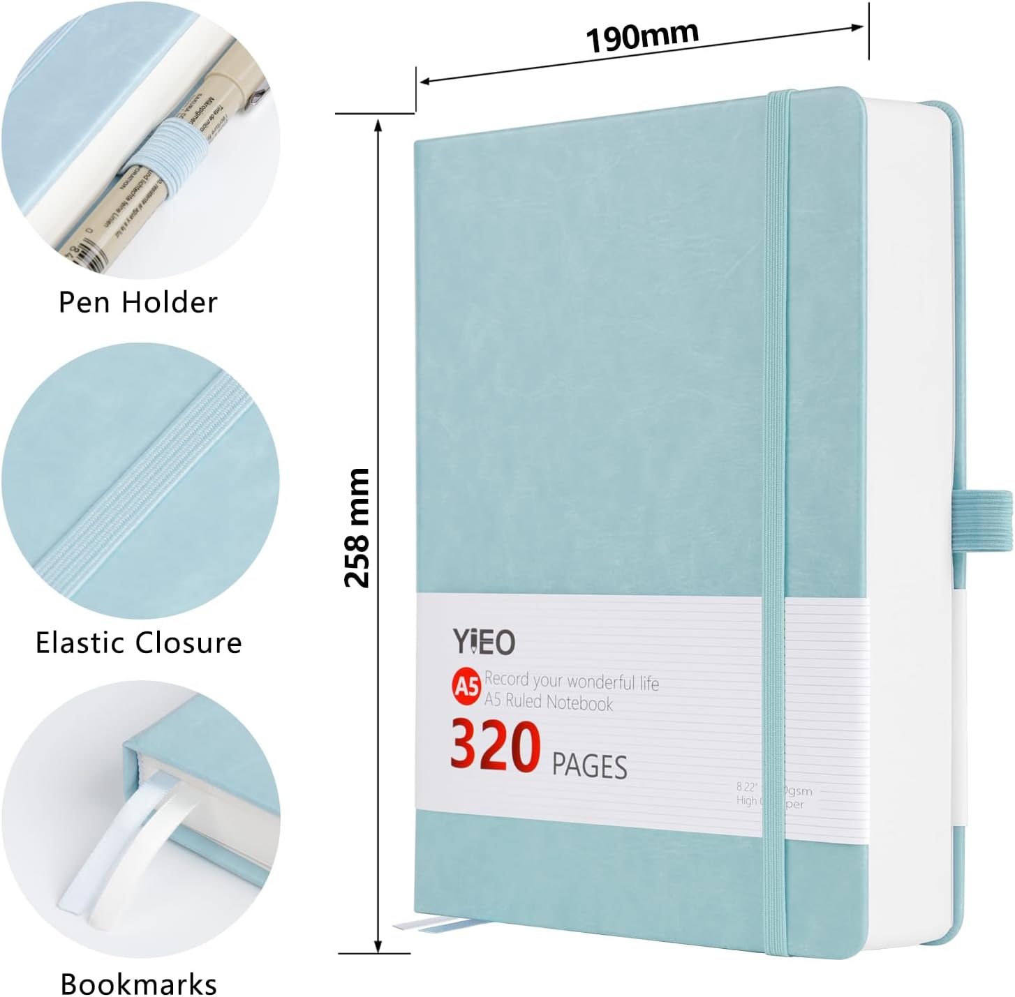 Detalle 2 de YIEO A5 Hardback Lined Notebook (320 Pages) in Light Blue