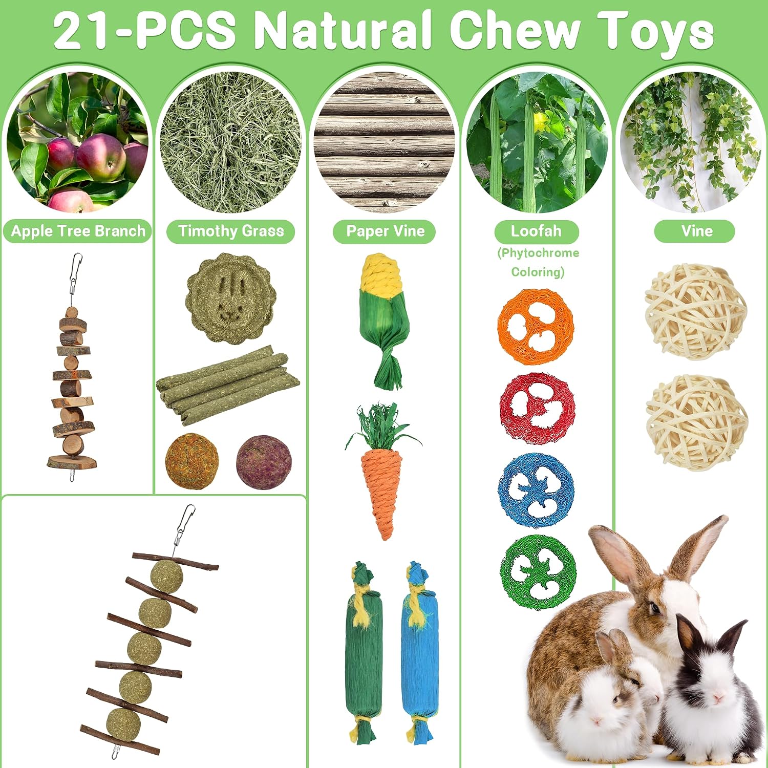 Detalle de Ousiya : Lot de 21 Jouets à mâcher naturels pour Lapin et Petits Animaux – Bâtonnets de Foin Timothy et Bois de Pommier