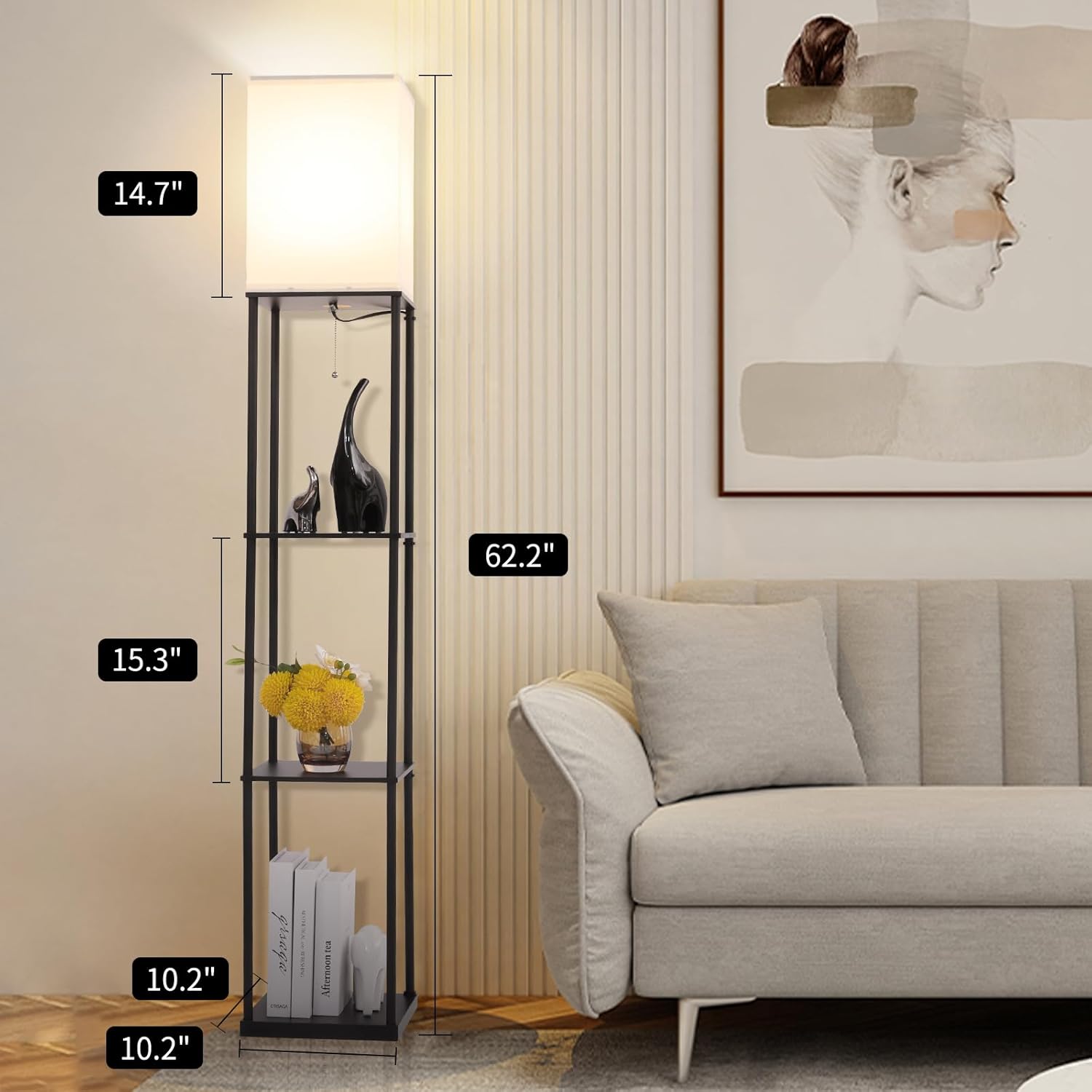 Thumbnail 6 de Gupuzm Floor Lamp with Shelves — Modern Square Standing Lamp with 3-Color Temperature Bulb (Black)