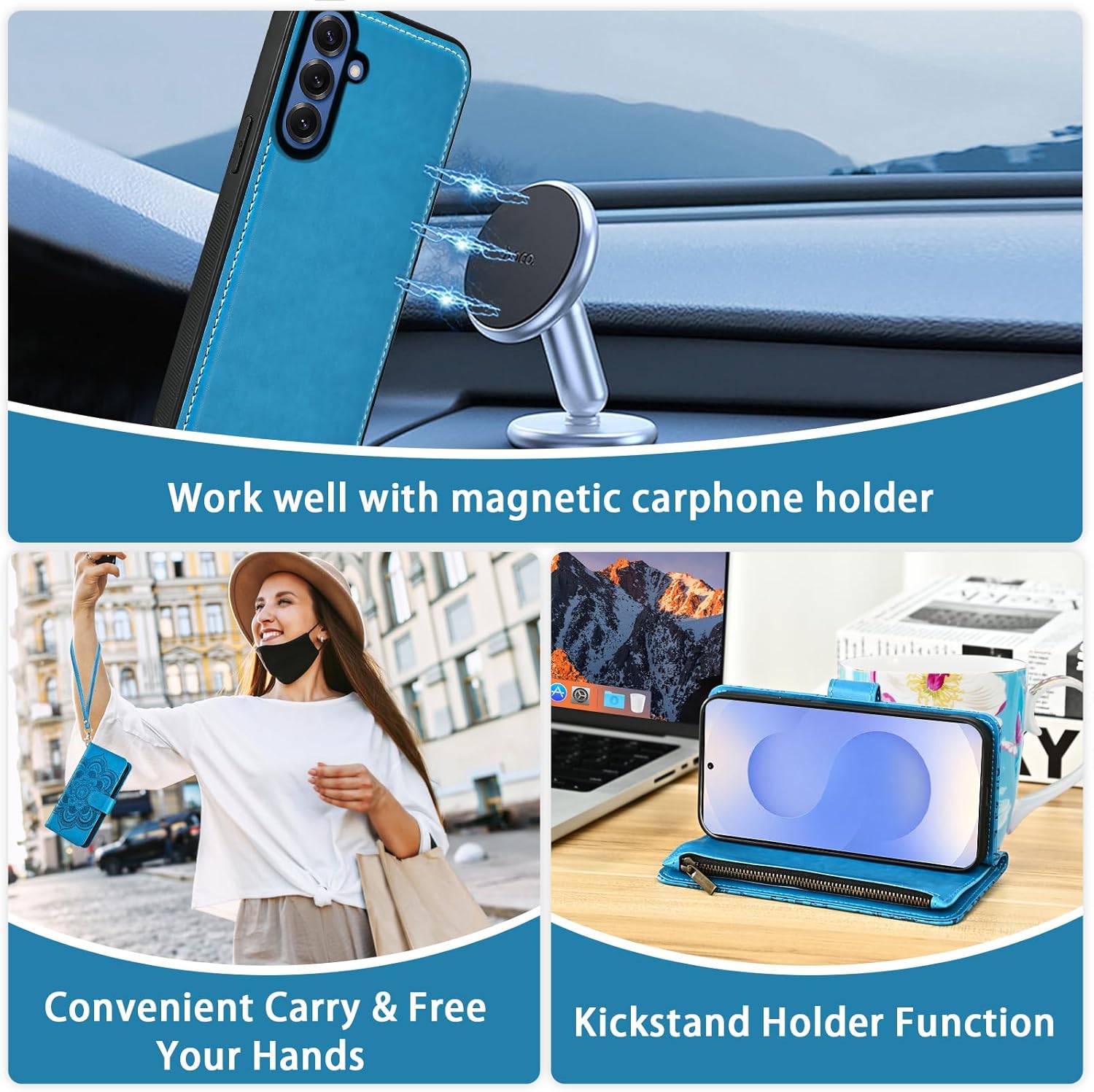 Thumbnail 4 de Asuwish Blue Zipper Wallet Case with Detachable Straps for Samsung Galaxy S25 5G