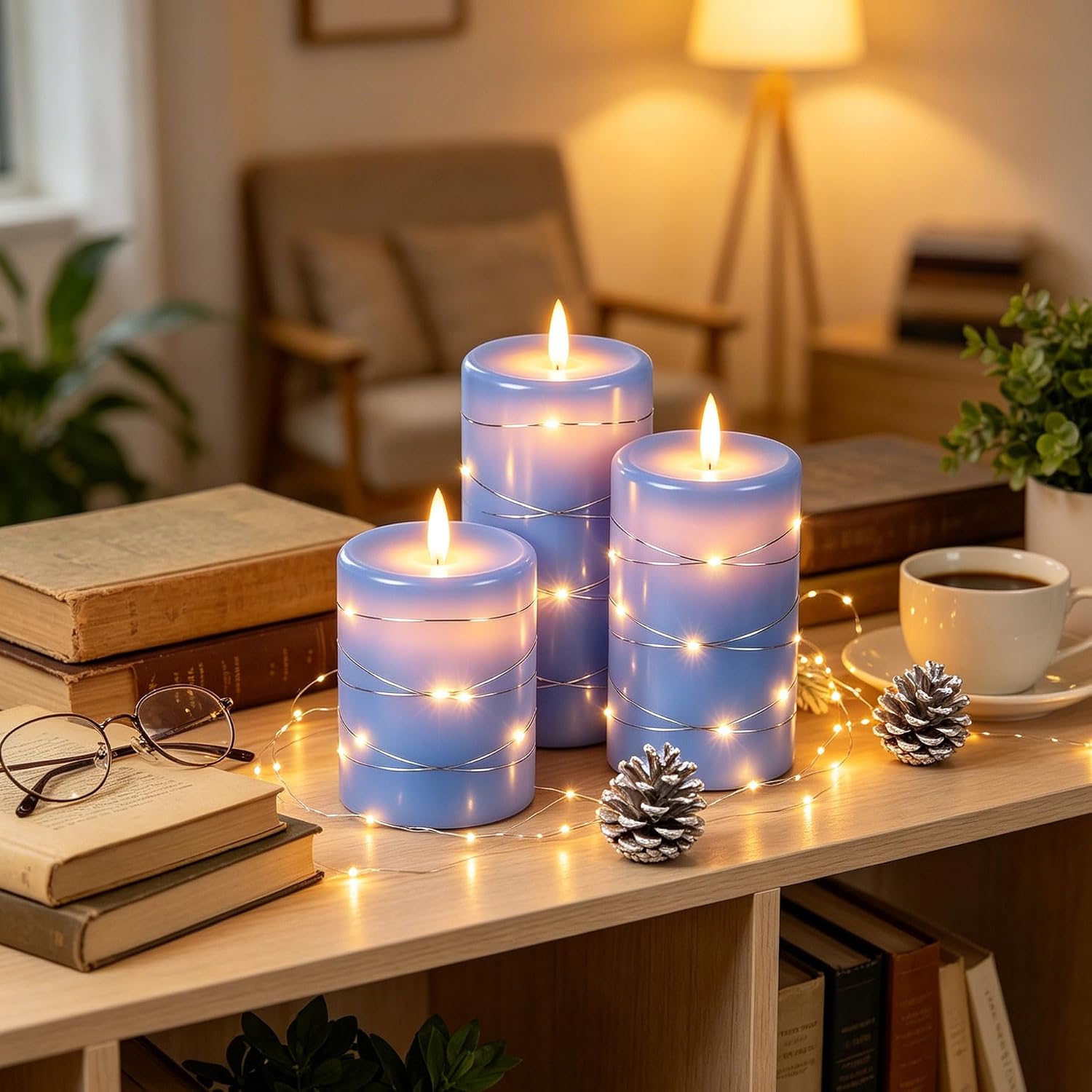 Detalle de Da by Blue Real-Wax Flameless Taper Candles with Copper Lights and Remote, 3-Pack