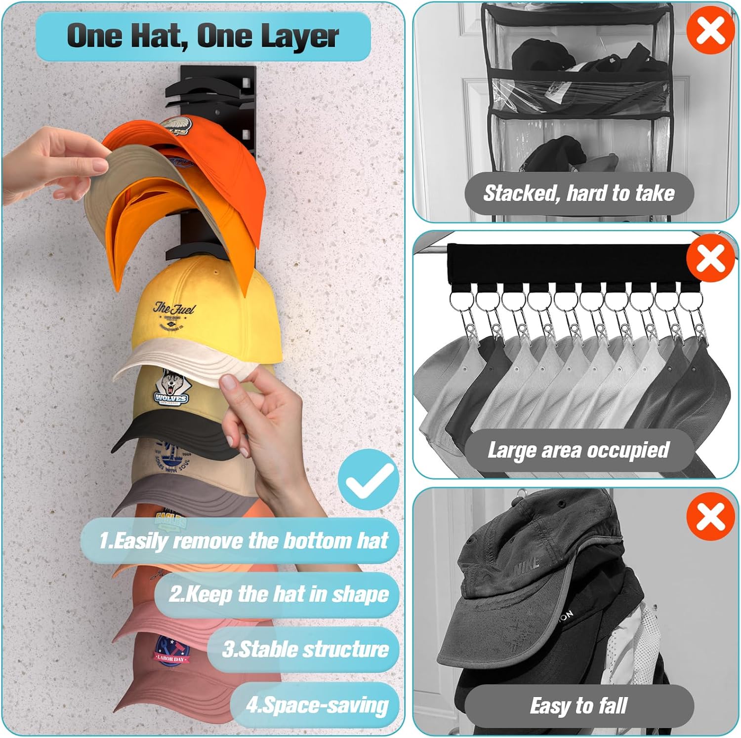 Detalle de Hat Organizer for Baseball Caps 2-Pack (Wall/Behind-Door, Strong Adhesive, Black)