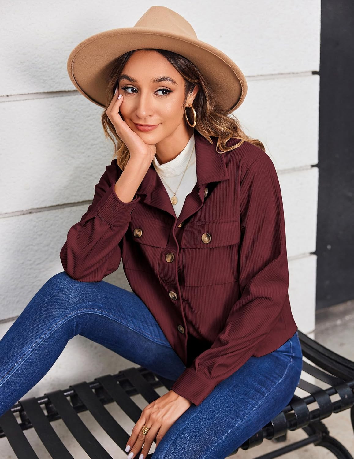 Thumbnail 4 de Hotouch Cordjacke Damen Button Down Blouson – kurze, elegante Baumwollcord-Jacke mit Taschen