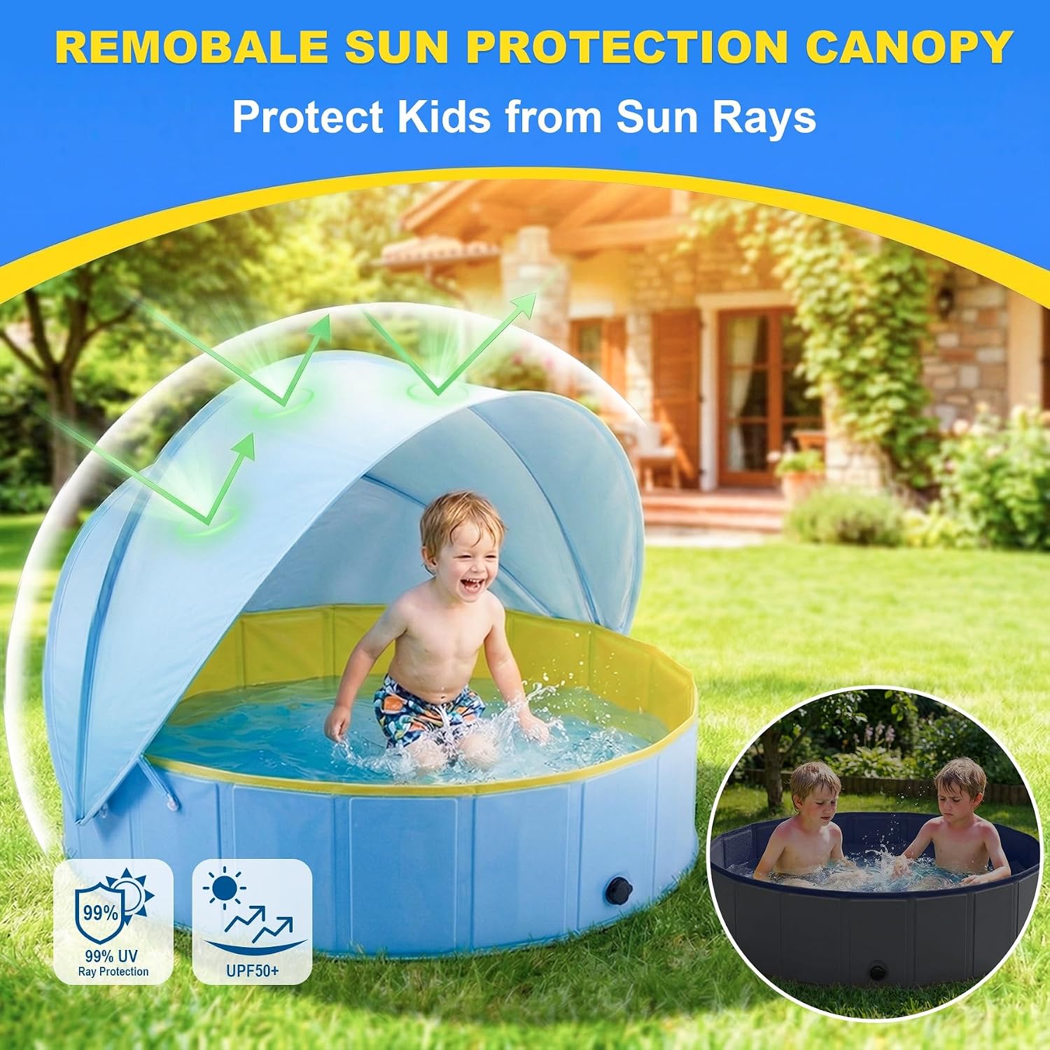 Detalle 2 de Kiddie Pool with Canopy: Large 63in Foldable Pool with Detachable UPF 50+ Sunshade
