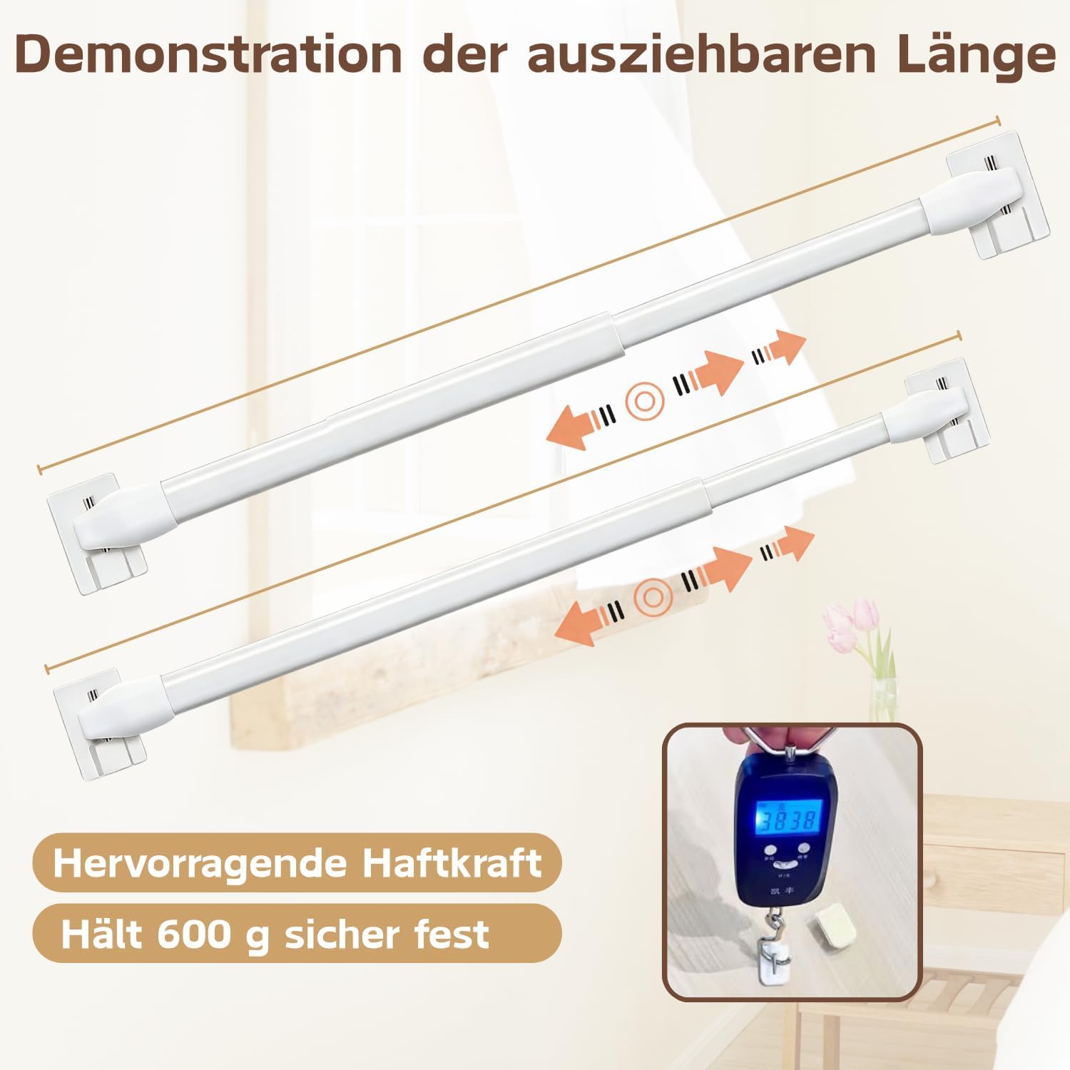 Thumbnail 3 de 2er-Set ausziehbare Vitragestangen mit Klebehaken (40–70 cm) für Scheibengardinen, Küche & DIY-Projekte