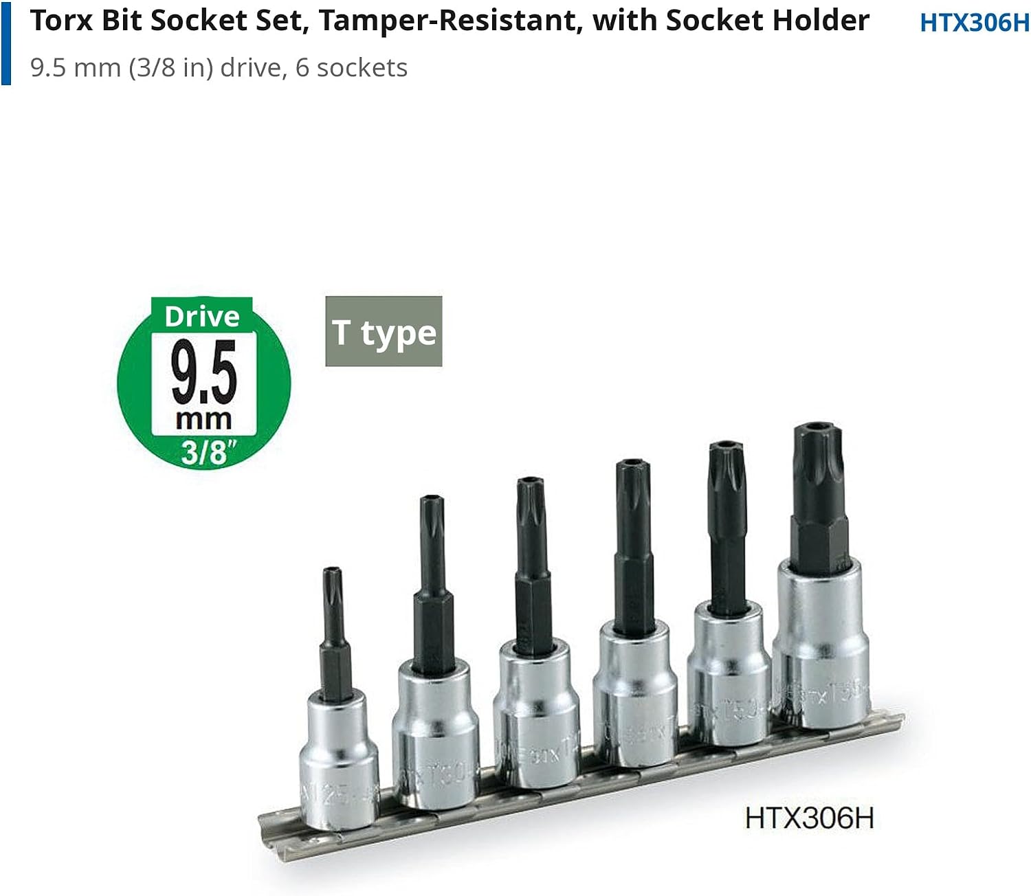 Detalle de トネ(TONE) HTX306H トルクスソケットセット いじり防止タイプ・6点・差込角9.5mm