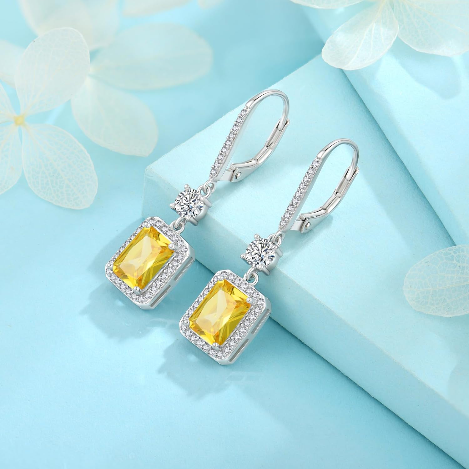 Thumbnail 4 de Rectangular Cut Dangle Drop Earrings in 925 Sterling Silver with Birthstone & Leverback Clasp