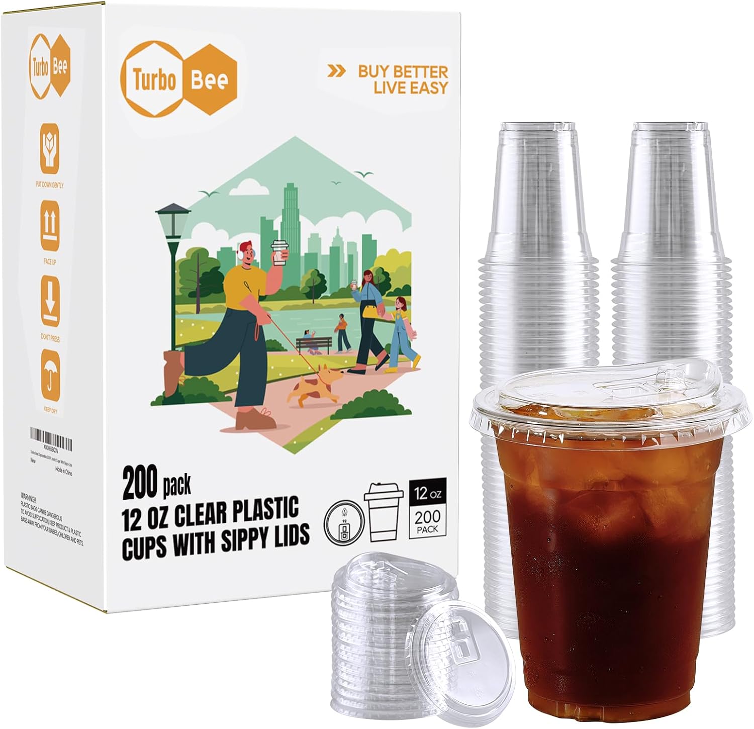 Detalle de Turbo Bee 12 OZ 200 Sets Clear Plastic Cups with Strawless Sip Lids