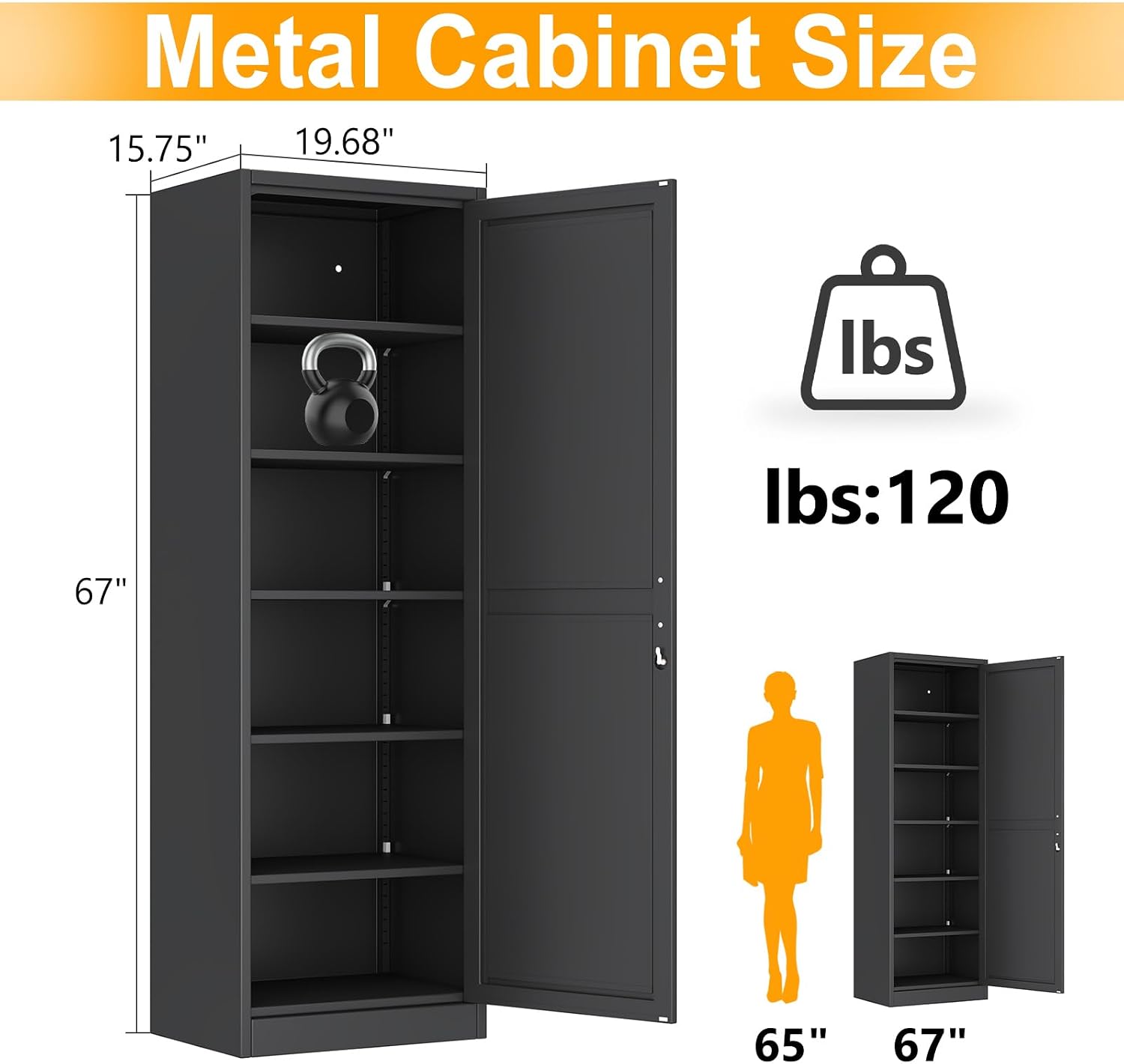 Detalle de Ckzbx Metal Locker Cabinet, 67-Inch Tall, Black, with Adjustable Shelves