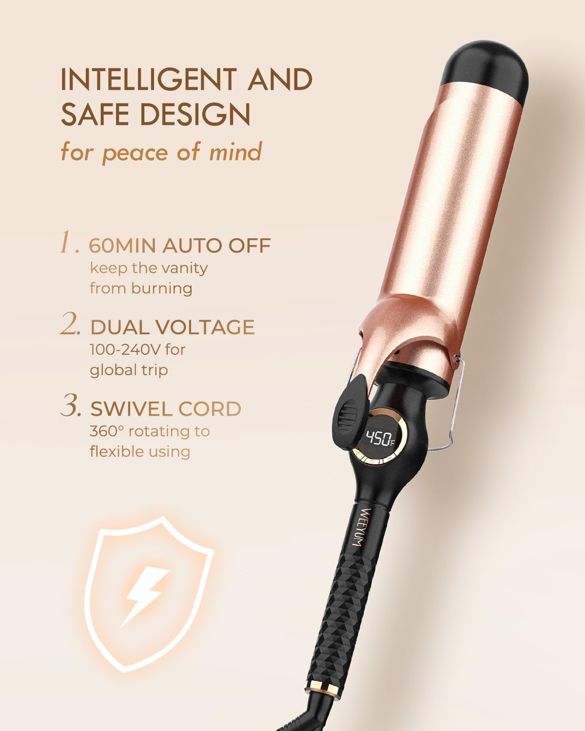 Detalle de Large Curling Iron 2 Inch with Ceramic Long Barrel — Dual Voltage, LCD Display