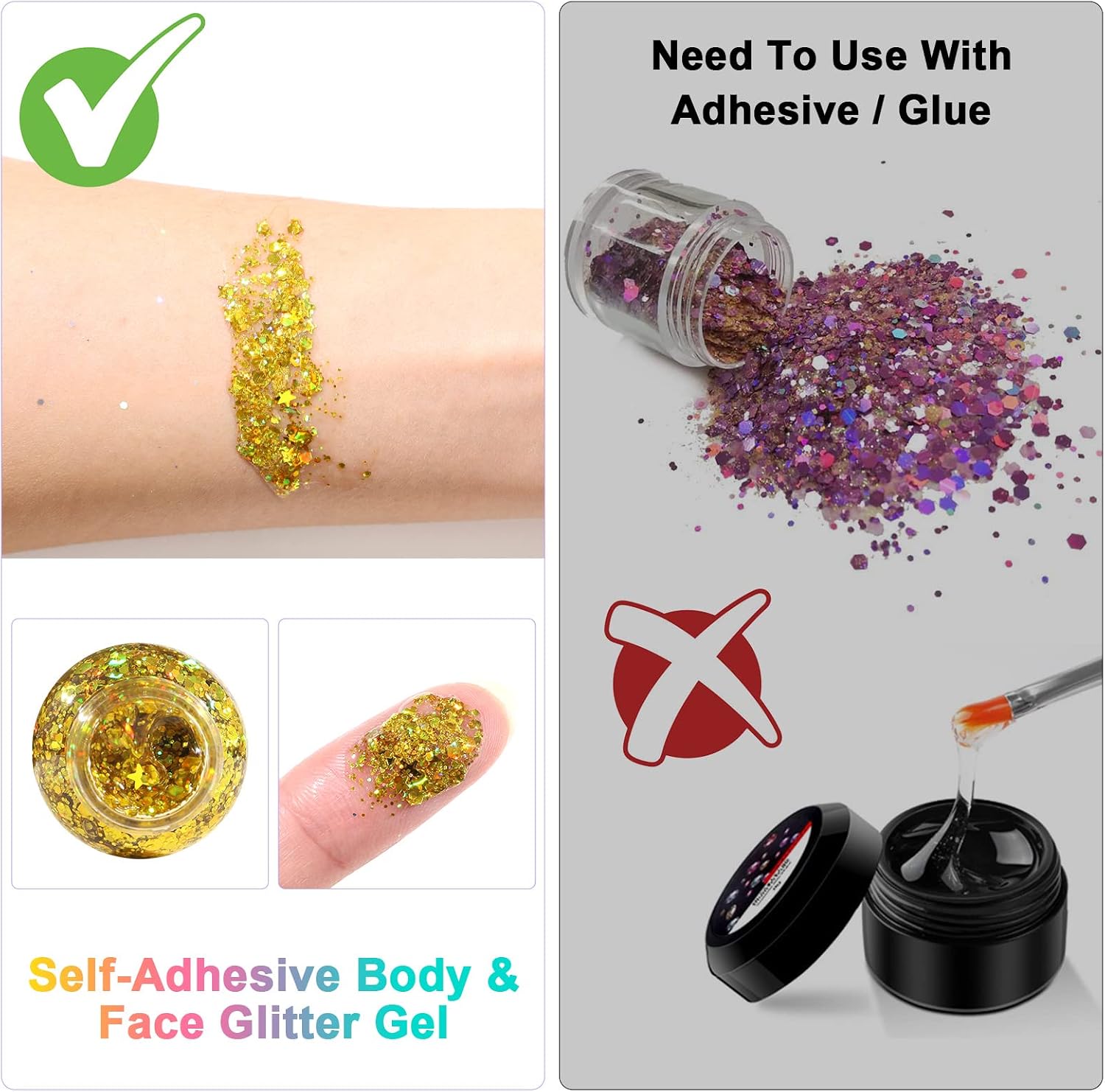 Detalle de URAQT Glitter Corpo, set da 3 gel glitter 50 ml (Bianco+Argento+Oro) per viso, unghie, occhi, labbra e corpo