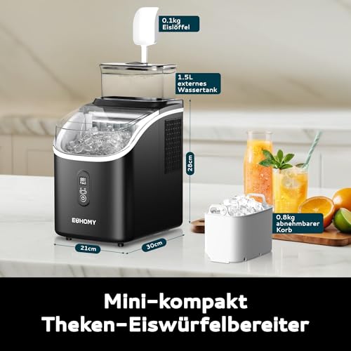 Thumbnail 6 de EUHOMY Eiswürfelmaschine für die Arbeitsplatte – 15 kg Kapazität, 2 L Wassertank, 16 Eiswürfel in 13 Min