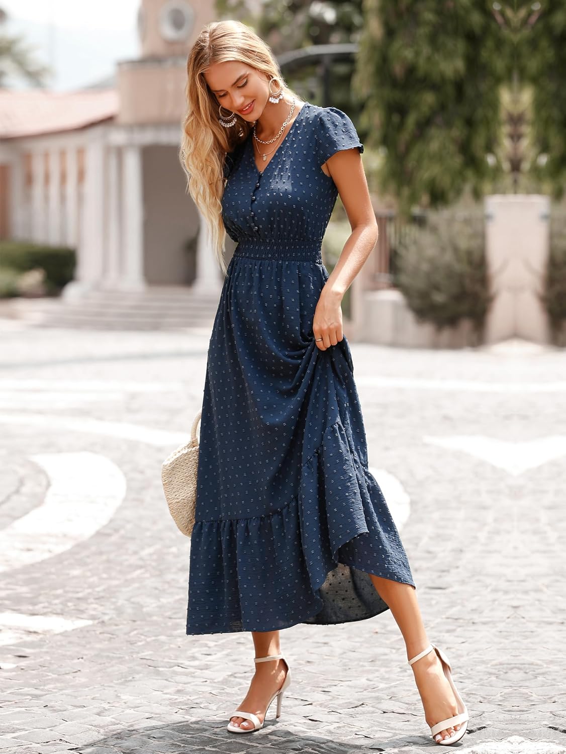Detalle 2 de PRETTYGARDEN Women's 2026 Summer Maxi Dress — Boho Swiss Dot with Cap Sleeves